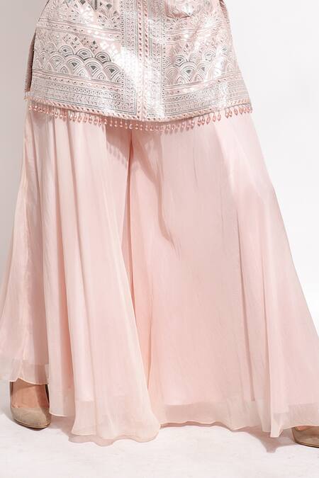 Shop Sonali Gupta Pink Silk Hand Embroidered Thread Round Mirror Kurta And Palazzo Set Online at Aza Fashions Shop_Sonali Gupta_Pink Silk Hand Embroidered Thread Round Mirror Kurta And Palazzo Set _Online_at_Aza_Fashions
