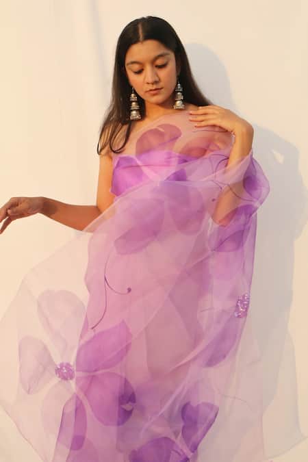 Shop_Meghstudio_Purple Organza, Modal Sequins Saree With Hibiscus Flowers _Online_at_Aza_Fashions