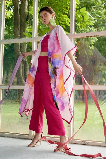 Shop_Garima Bindal_Fuchsia Silk, Chanderi Tassels, Sequins Open Neck, Printed Kaftan And Pant Set _Online_at_Aza_Fashions