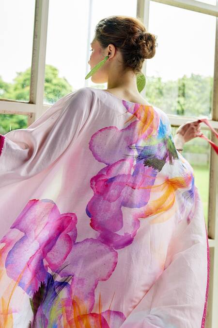 Buy_Garima Bindal_Fuchsia Silk, Chanderi Tassels, Sequins Open Neck, Printed Kaftan And Pant Set 