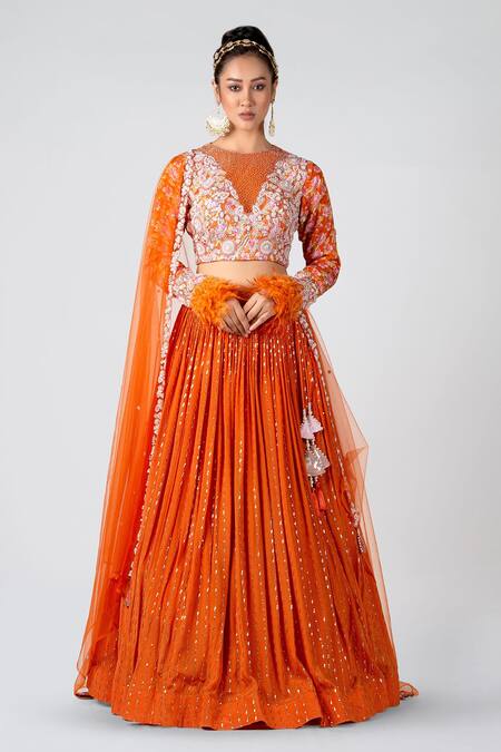 Suruchi Parakh Orange Organza, Crepe, Georgette Pearls, Tubes Pleated And Embroidered Lehenga Set Online at Aza Fashions Suruchi Parakh_Orange Organza, Crepe, Georgette Pearls, Tubes Pleated And Embroidered Lehenga Set _Online_at_Aza_Fashions