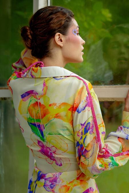 Shop_Garima Bindal_Multi Color Crepe Sequins Shawl Neck, Daisy Floral Print Shirt And Pant Set _Online_at_Aza_Fashions