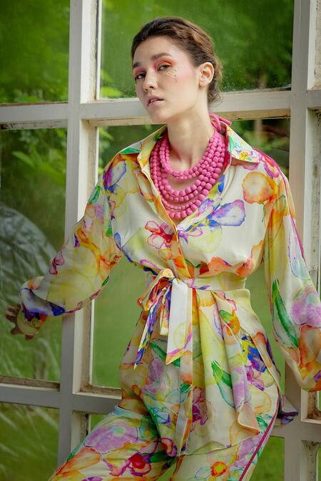 Garima Bindal_Multi Color Crepe Sequins Shawl Neck, Daisy Floral Print Shirt And Pant Set _at_Aza_Fashions