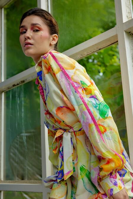 Buy_Garima Bindal_Multi Color Crepe Sequins Shawl Neck, Daisy Floral Print Shirt And Pant Set 
