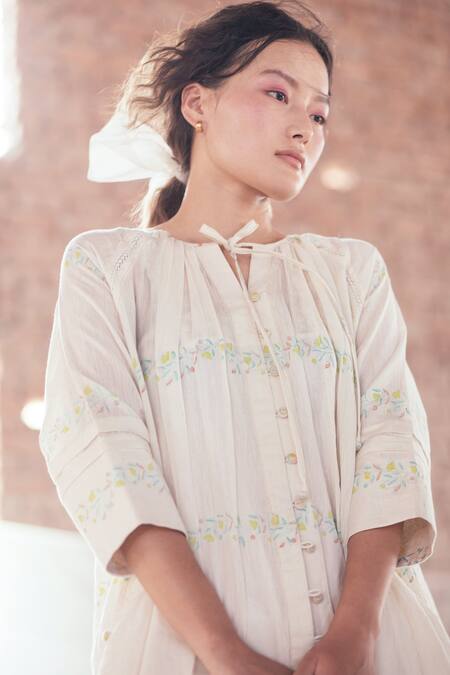 Shop_Itr By Khyati Pande_Off White Handloom Cotton Embroidery Round Floral Hand Block Printed Midi Dress_Online_at_Aza_Fashions