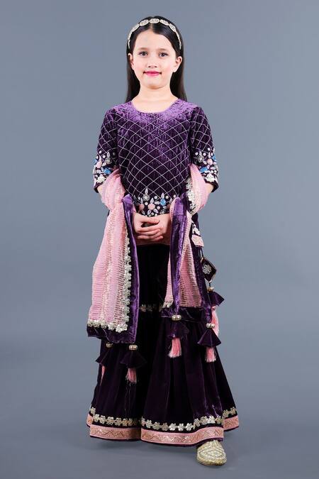 Buy Shining Kanika Black Silk Velvet Embroidery Check Flower Kurta Sharara Set Online at Aza Fashions Buy_Shining Kanika_Black Silk Velvet Embroidery Check Flower Kurta Sharara Set_Online_at_Aza_Fashions