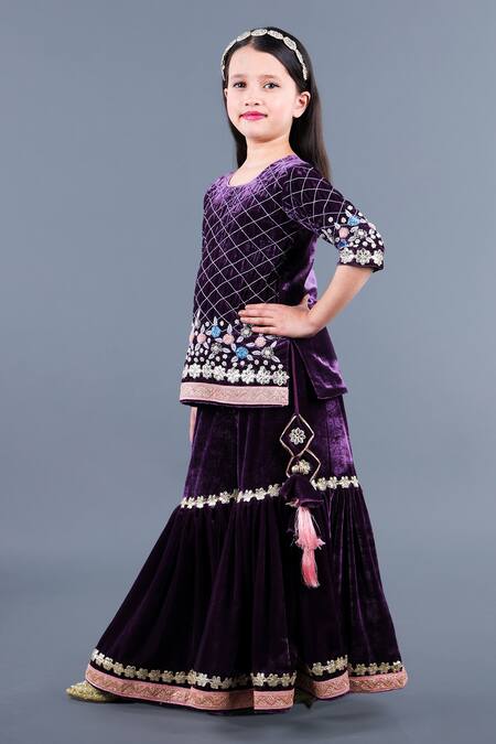 Shop Shining Kanika Black Silk Velvet Embroidery Check Flower Kurta Sharara Set Online at Aza Fashions Shop_Shining Kanika_Black Silk Velvet Embroidery Check Flower Kurta Sharara Set_Online_at_Aza_Fashions