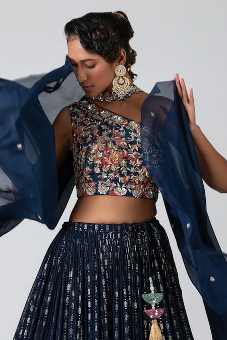 Suruchi Parakh_Blue , Georgette Floral Print, Sequin And Pleated Lehenga Set _Online_at_Aza_Fashions