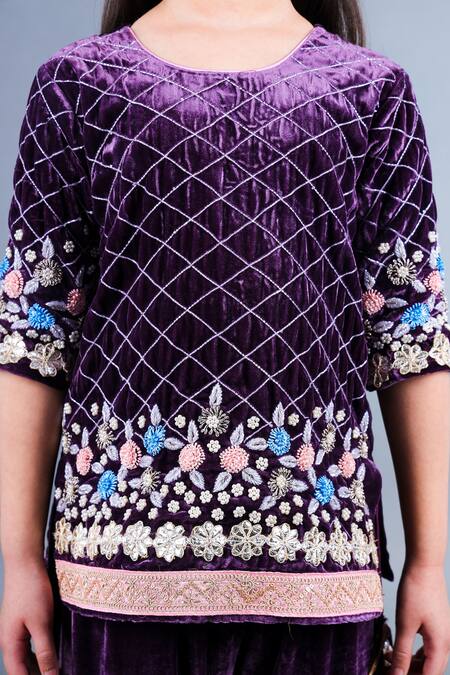 Shining Kanika Black Silk Velvet Embroidery Check Flower Kurta Sharara Set at Aza Fashions Shining Kanika_Black Silk Velvet Embroidery Check Flower Kurta Sharara Set_at_Aza_Fashions