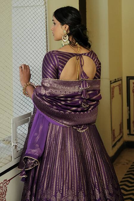 Buy_Safaa_Purple Velvet Embroidery Asymmetric The Benazir Lehenga Set 