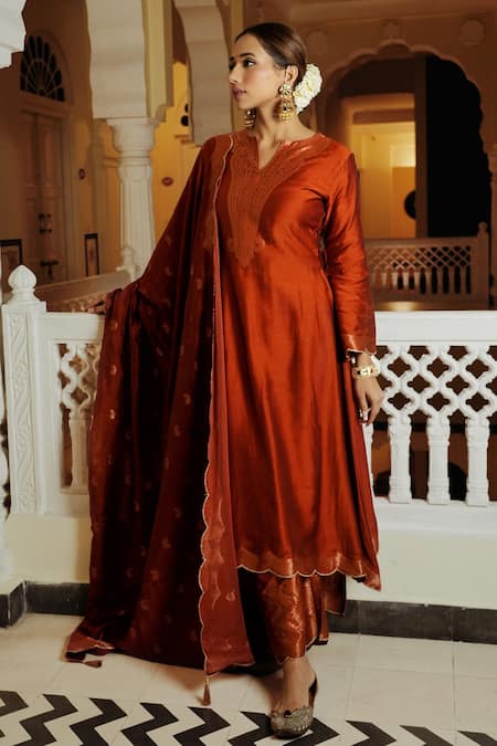 Shop_Safaa_Orange Silk, Velour Embroidery Round Neck Rust Woven Paisley Kurta Pant Set _Online_at_Aza_Fashions