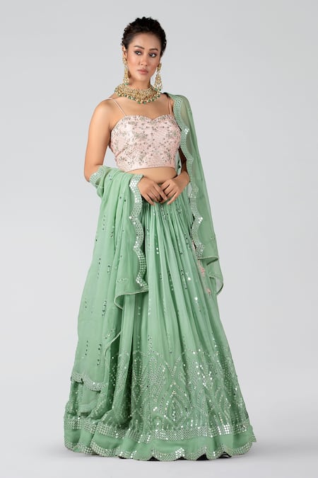 Suruchi Parakh_Green Georgette, Tussar Silk Mirror Work, Sequin Embroidered Lehenga Set _Online_at_Aza_Fashions