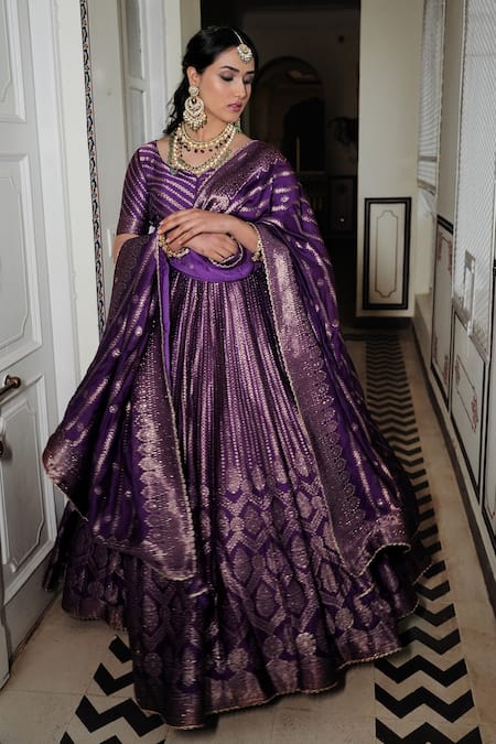Shop_Safaa_Purple Velvet Embroidery Asymmetric The Benazir Lehenga Set 