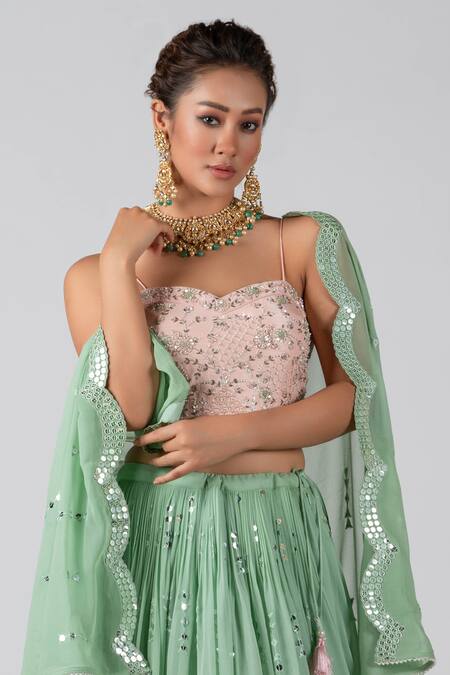 Buy_Suruchi Parakh_Green Georgette, Tussar Silk Mirror Work, Sequin Embroidered Lehenga Set _Online_at_Aza_Fashions