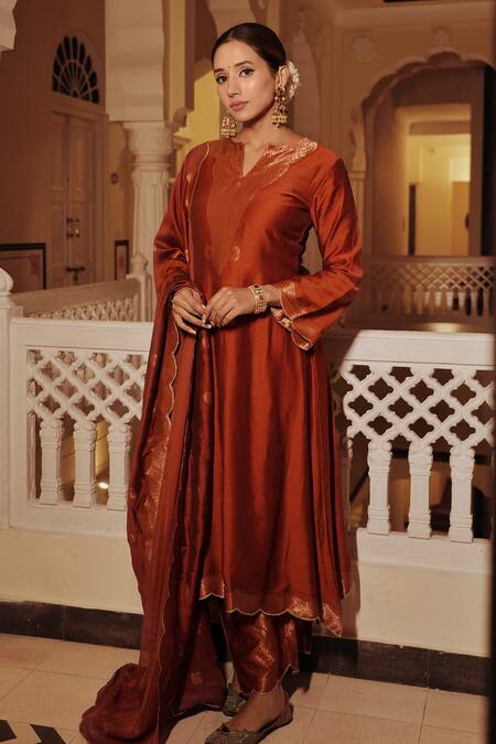 Safaa_Orange Silk, Velour Embroidery Round Neck Rust Woven Paisley Kurta Pant Set _at_Aza_Fashions