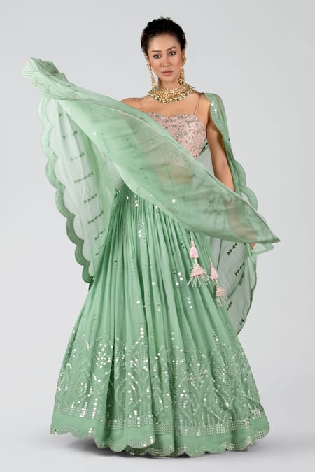 Shop_Suruchi Parakh_Green Georgette, Tussar Silk Mirror Work, Sequin Embroidered Lehenga Set _Online_at_Aza_Fashions