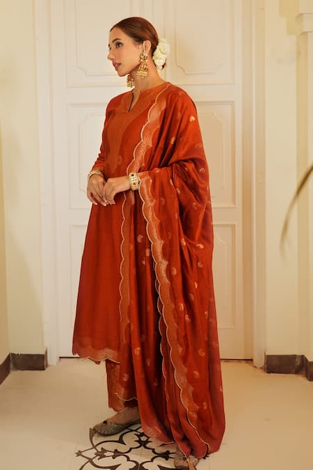 Shop_Safaa_Orange Silk, Velour Embroidery Round Neck Rust Woven Paisley Kurta Pant Set 