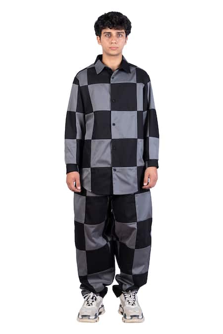 Theorem_Black Cotton Patchworked Checkered Shirt _Online_at_Aza_Fashions