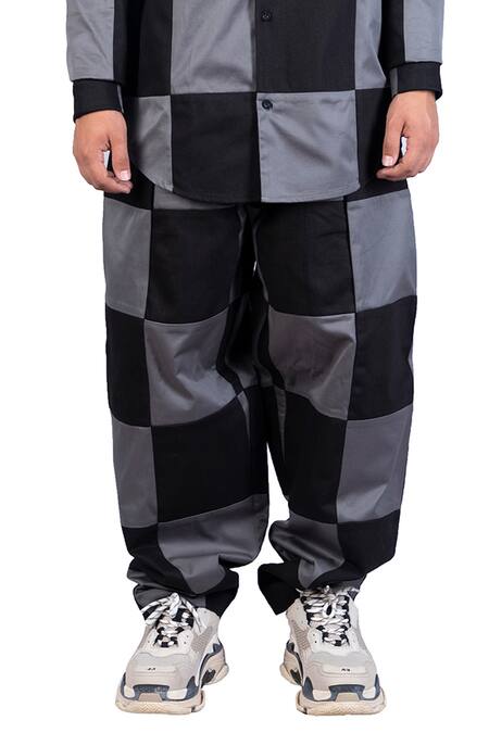 Theorem_Black Cotton Patchwork Checkered Loose Fit Pant  _Online_at_Aza_Fashions