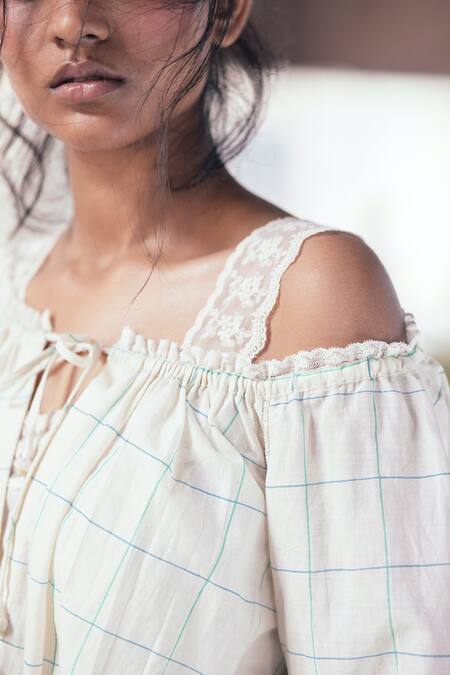 Itr By Khyati Pande_Off White Handloom Cotton Lace One Maple Peasant Hand Block Printed Dress_at_Aza_Fashions