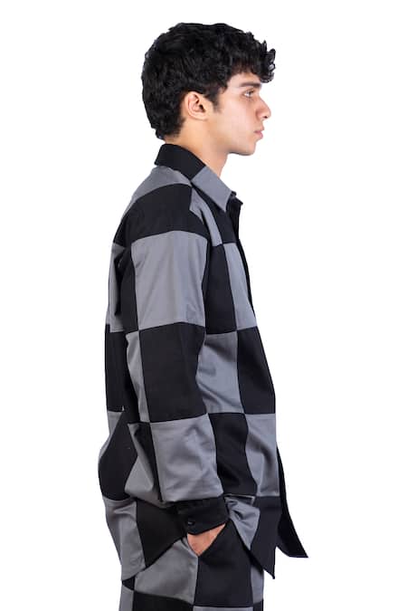 Buy_Theorem_Black Cotton Patchworked Checkered Shirt _Online_at_Aza_Fashions