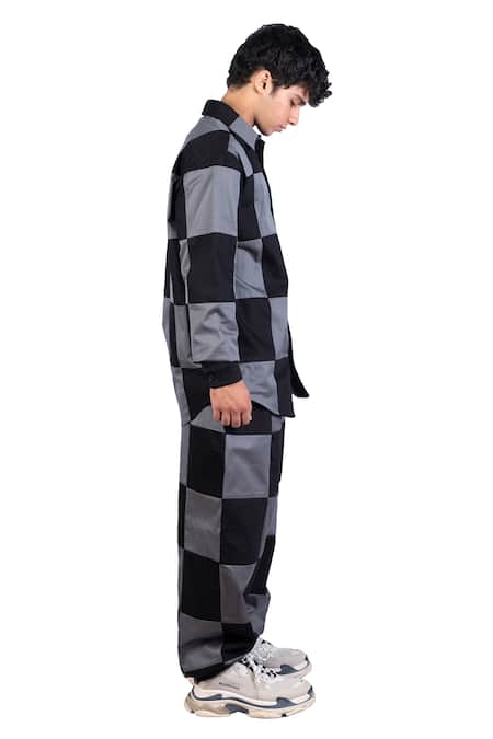 Shop_Theorem_Black Cotton Patchworked Checkered Shirt _Online_at_Aza_Fashions