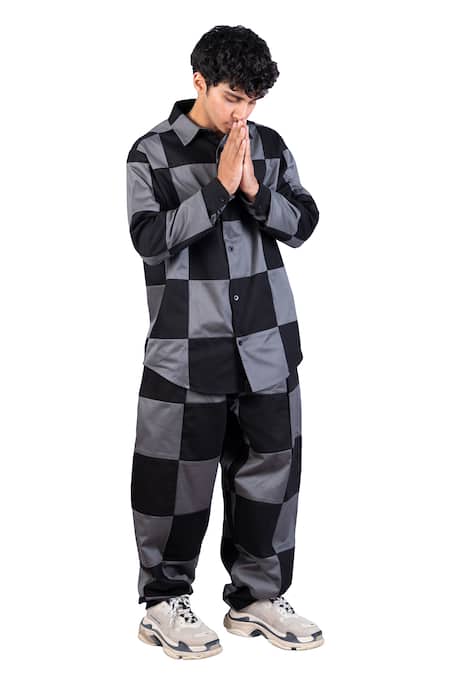 Theorem_Black Cotton Patchworked Checkered Shirt _at_Aza_Fashions