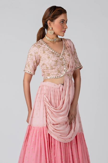 Suruchi Parakh_Pink Georgette Crepe Floral V Neck Draped Lehenga And Blouse Set _Online_at_Aza_Fashions