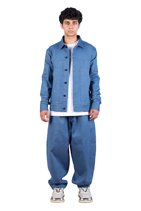 Theorem_Blue Cotton Explora Melange Denim Jacket _Online_at_Aza_Fashions