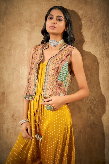 Aditi Somani_Yellow Modal Satin Hand Embroidered Cutdana Embellished Jacket With Jumpsuit _Online_at_Aza_Fashions