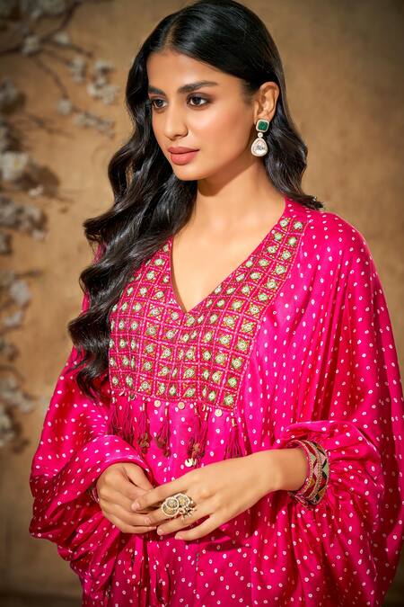 Aditi Somani_Pink Modal Satin Print Bandhani V Neck Pattern Blouse With Double Flap Pant_Online_at_Aza_Fashions