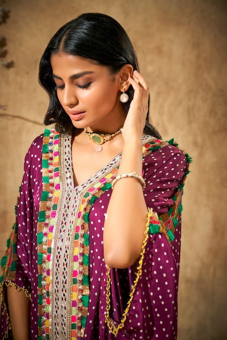 Aditi Somani_Wine Modal Satin Print Bandhani V Neck Tassel Lace Kaftan_Online_at_Aza_Fashions