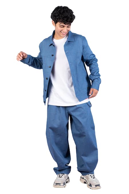 Theorem_Blue Cotton Explora Melange Denim Jacket _at_Aza_Fashions