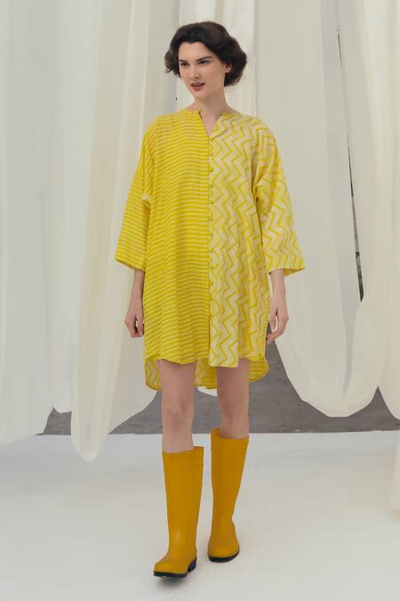 Itr By Khyati Pande_Yellow Handloom Cotton, Silk Round Neck Canary Hand Block Print Shirt Dress_Online_at_Aza_Fashions