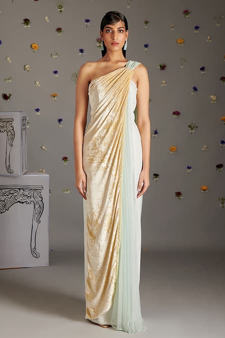 Gauri Dhawan_Beige Velvet, Chiffon, Georgette, Crepe Asymmetric Aurore Pre-draped Saree Gown_Online_at_Aza_Fashions
