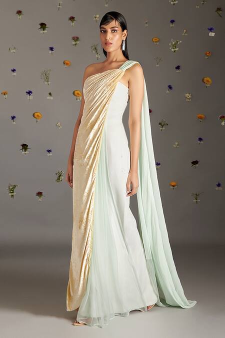 Buy_Gauri Dhawan_Beige Velvet, Chiffon, Georgette, Crepe Asymmetric Aurore Pre-draped Saree Gown_Online_at_Aza_Fashions