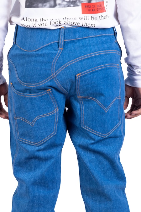 Theorem_Blue Cotton Denim Meander Seam Trouser  _at_Aza_Fashions