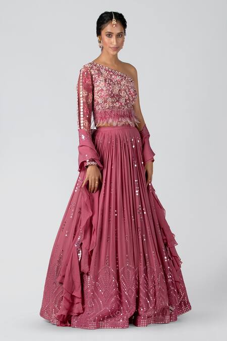 Suruchi Parakh_Purple Organza, Crepe, Georgette Floral Print, Zardozi Blouse Lehenga Set_Online_at_Aza_Fashions