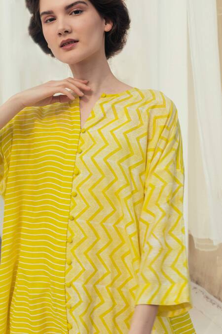 Shop_Itr By Khyati Pande_Yellow Handloom Cotton, Silk Round Neck Canary Hand Block Print Shirt Dress_Online_at_Aza_Fashions
