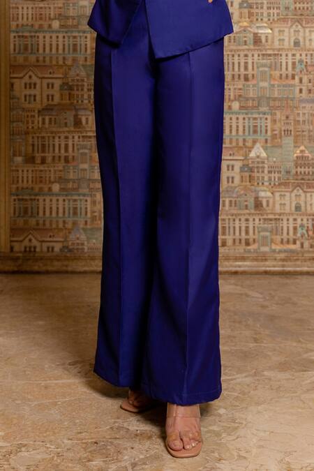 Shop_B'Infinite_Blue Crepe One Shoulder Asymmetric Top And Trouser Set_Online_at_Aza_Fashions