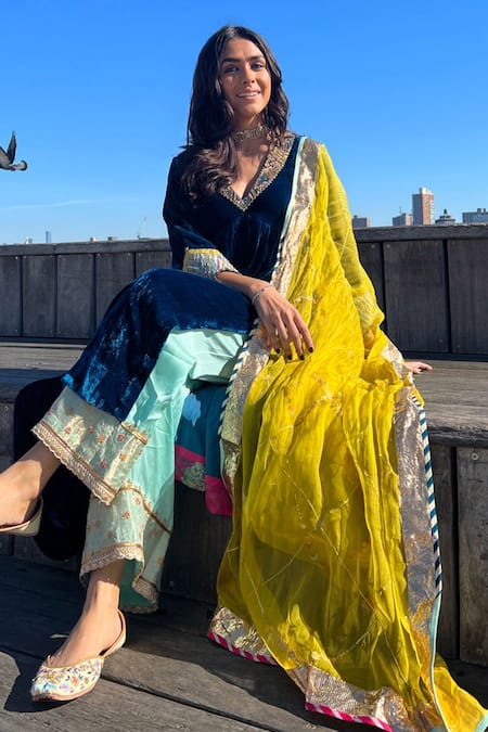 Rajiramniq_Blue Silk Embroidery Floral V Neck Fariba Velvet Hand Anarkali Set _at_Aza_Fashions