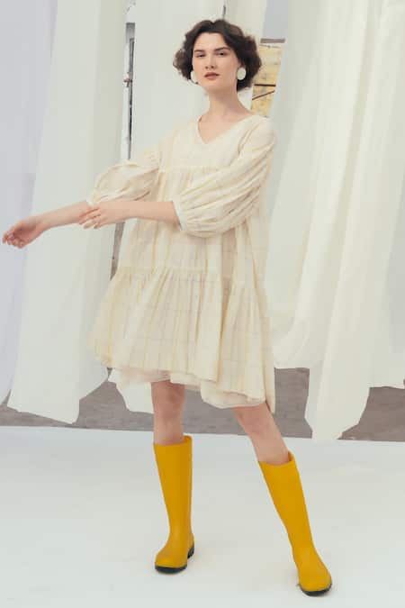 Itr By Khyati Pande_Beige Handloom , Embroidery Calla Lily Handwoven Tiered Dress_Online_at_Aza_Fashions