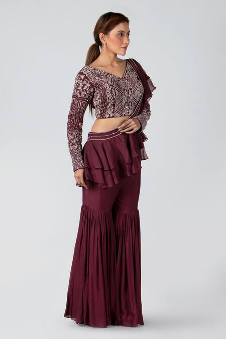 Suruchi Parakh Brown Georgette Crepe V Neck Sharara Pant Saree With Blouse Online at Aza Fashions Suruchi Parakh_Brown Georgette Crepe V Neck Sharara Pant Saree With Blouse_Online_at_Aza_Fashions