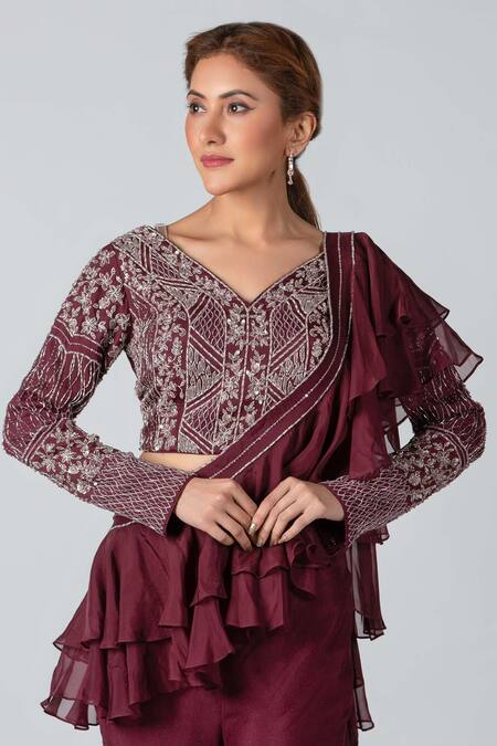 Buy Suruchi Parakh Brown Georgette Crepe V Neck Sharara Pant Saree With Blouse Online at Aza Fashions Buy_Suruchi Parakh_Brown Georgette Crepe V Neck Sharara Pant Saree With Blouse_Online_at_Aza_Fashions