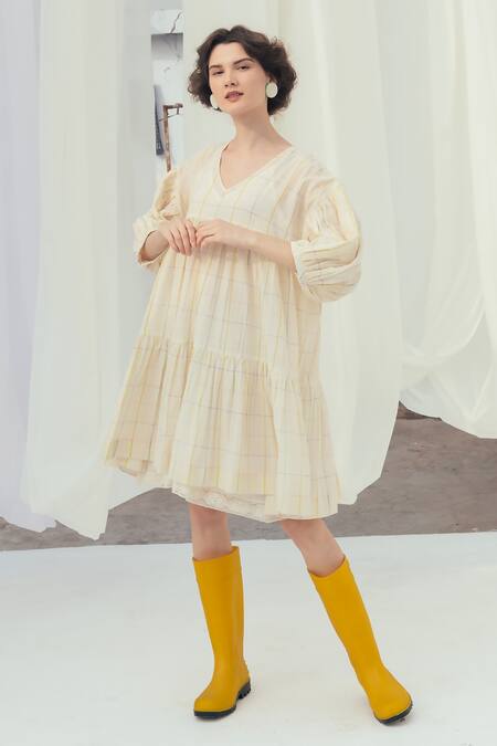 Shop_Itr By Khyati Pande_Beige Handloom , Embroidery Calla Lily Handwoven Tiered Dress_Online_at_Aza_Fashions