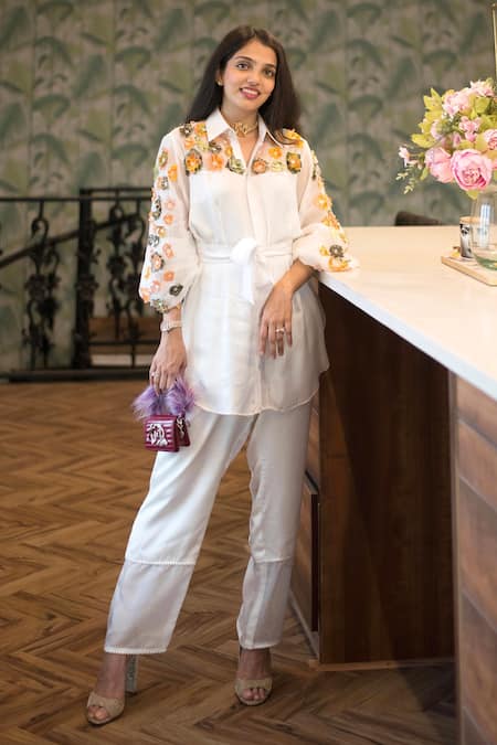 Buy_Garima Bindal_White Silk, Satin, Modal Embroidery Collared Yoke Shirt And Pant Set _Online_at_Aza_Fashions