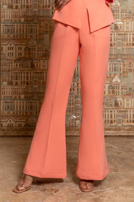 Buy_B'Infinite_Coral Crepe One Shoulder Top And Trouser Set_Online_at_Aza_Fashions