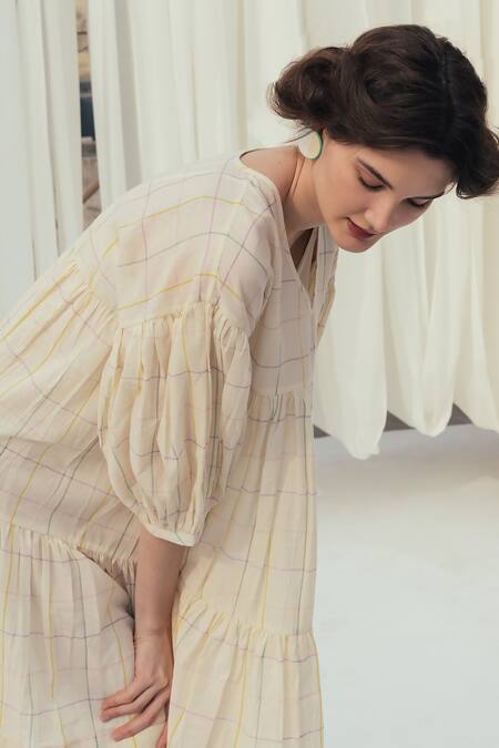 Itr By Khyati Pande_Beige Handloom , Embroidery Calla Lily Handwoven Tiered Dress_at_Aza_Fashions