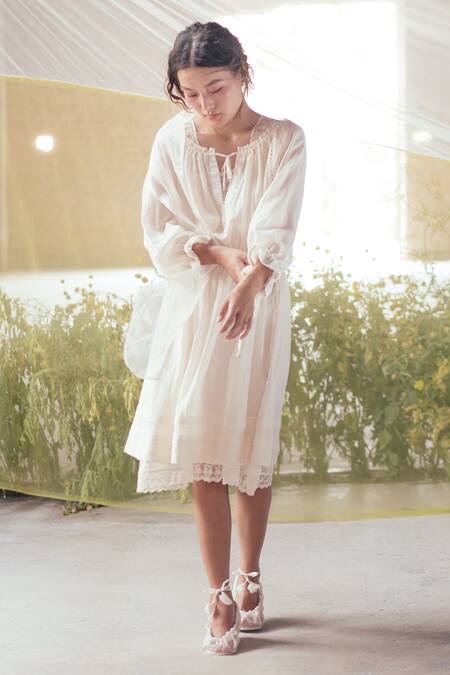 Shop_Itr By Khyati Pande_Off White Cotton Keyhole Neck Water Lily Checkered Hand Block Print Dress_Online_at_Aza_Fashions