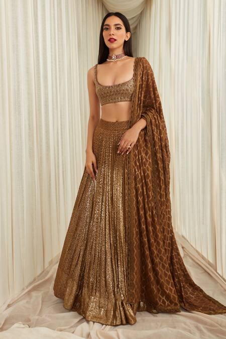 Shop_Sawan Gandhi_Gold Georgette Embellished Sequin Scoop Neck Bridal Lehenga Set_Online_at_Aza_Fashions